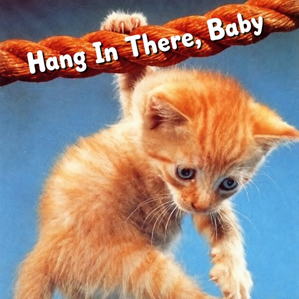 Square Hang In There, Baby profile image with an orange kitten holding a rope